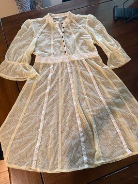 Free People Pale Yellow Swiss Dot Lace-Trim Dress